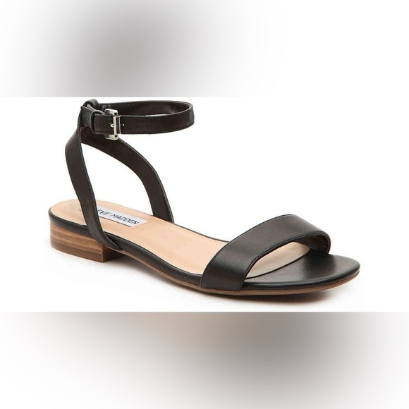 Steve Madden Lahnee black leather flat ankle strap sandals size 7.5 - Picture 1 of 10
